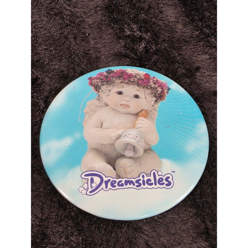 Vintage Dreamsicles Cherub Angel Flower Crown Bell Round Pin Back Button 90s